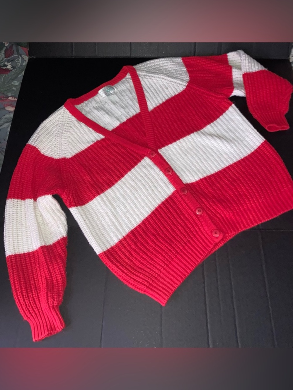 Red and White Striped V-Neck Button Cardigan